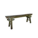 Distressed Brown Olive Green Village Slim Narrow Scroll Apron Wood Bench ws4544S