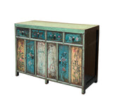 Vintage Chinese Turquoise Blue Flowers Credenza Sideboard Table Cabinet ws4609S