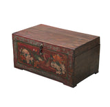 Vintage Distressed Brick Red Brown Flower Bird Oriental Wood Trunk Table ws4621S
