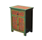 Distressed Green Orange Red Tibetan Floral End Table Nightstand ws4625S