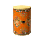 Chinese Tibetan Style Drum Shape Orange Jewel Tower Floral Side Table ws4651S