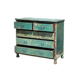 Distressed Teal Blue Green 5 Drawers Credenza Storage Sideboard Cabinet ws4709S