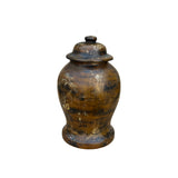 Chinese Distressed Brown Lacquer Golden Scenery Wood Temple Jar ws4763S