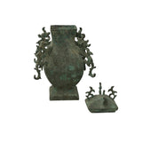 Green Gray Metal Carved Ritual Fengshui Vessel Display Art ws4785S