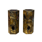 Pair Chinese Matte Gold Scenery Hexagonal Display Wood Brush Pots ws4856S