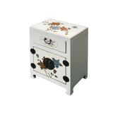 Chinese Off White Vinyl Moon Face Flower Graphic End Table Nightstand ws4931S