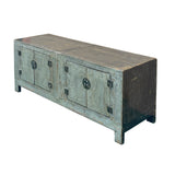 Distressed Light Teal Gray Low Doors Hardware Console Sideboard Cabinet ws4976S