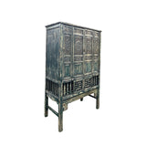 Vintage Distressed Teal Blue Oriental Carving Storage Cabinet ws4991S
