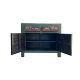 Vintage Distressed Rich Green Red Floral Graphic Credenza Sideboard Cabinet ws5001S