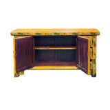 Vintage Chinese Yellow Lacquered Wood Credenza Sideboard Carved Scenic Panels ws5016S