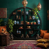 Black Lacquer Moon Gate Round Shelves Wood Display Curio Cabinet Room Divider GB697S