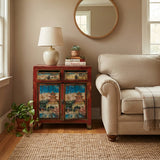 Chinese Distressed Red Blue Old Scenery Graphic Credenza Cabinet cs7393S