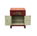Chinese Red Vinyl Moon Face Flower Birds End Table Nightstand GB063S