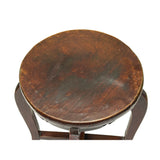 Vintage Oriental Brown Leather Top Round 4 Legs Stool Table GB148S