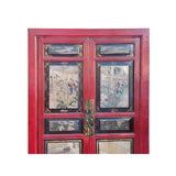 Vintage Oriental Red Beige People Scenery Graphic Storage Cabinet GB157S