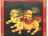 Tibetan Oriental Black Red Foo Dogs Lions End Table Nightstand GB164S