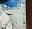 Vintage Chinese Wood Frame Porcelain Egret Lotus Wall Plaque Panel GB170S