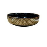 9" Oriental Black Glaze Porcelain Flat Bowl Golden Flower Graphic GB183S