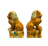 Pair Chinese Tri-Color Mustard Yellow Glaze Fengshui Lions Foo Dogs GB402S cs2368