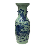 Pair Chinese Light Celadon Blue Kirin Graphic Tall Porcelain Art Vases GB597S