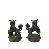 Pair Vintage Rustic Metal Fengshui Foo Dog Lion Drum Base Art Figures GB799S