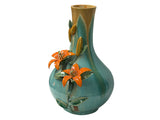 Turquoise Teal Bulbous Round Body Orange Dimensional Lily Flower Art Vase GB863S