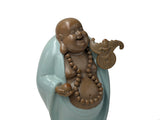 Joyful Laughing Buddha Light Celadon Robe Ceramic Coin Bat Ru Yi Figure GB873S