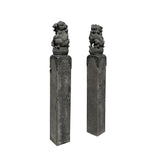 Chinese Pair Gray Stone Fengshui Foo Dogs Lion Slim Pole Statues cs7641S