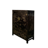 Vintage Asian Black Lacquer Golden Carving Side Table Credenza Cabinet cs7586S