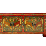 Chinese Tibetan Brick Red Jaguars 3 Doors Low TV Media Console Table cs7612S
