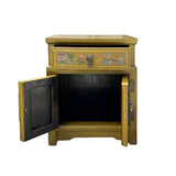 Oriental Distressed Light Mustard Green Graphic Side End Table Nightstand cs7630S