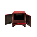 Chinese Distressed Brick Red Flower Birds Graphic End Table Nightstand cs7608S