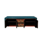 Chinese Tibetan Teal Blue Orange Floral Graphic Low TV Console Table cs7609S