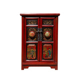 Chinese Distressed Brick Red Carving Graphic Tall Side End Table Nightstand cs7611S
