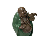 Joyful Laughing Buddha Gloss Dark Jade Green Robe Ceramic Coin Bat Ru Yi Figure GB874S