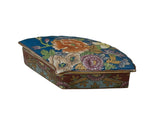 Vintage Blue Big Flowers Graphic Fan Shape Porcelain Trinket Box GB880S