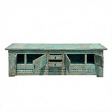 Vintage Distressed Turquoise Geometric Carving Rough Low TV Table Cabinet cs6123S T