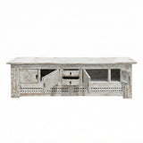 Vintage Distressed White Geometric Carving Rough Low TV Table Cabinet cs6123S W