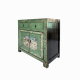 Chinese Distressed Apple Green Graphic Sideboard Console Cabinet cs7692S