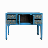 Blue Lacquer Golden Flower Graphic Drawers Slim Foyer Side Table cs7698S