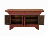 Oriental Distressed Brick Red Lacquer Low Table TV Console Cabinet cs7740S