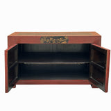 Vintage Oriental Distressed People Graphic Brick Red Low TV Console Cabinet cs7759S