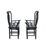 Pair Vintage Chinese Rustic Black Lacquer Deer Motif Yoke-Back Armchairs cs7807S