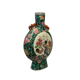 Vintage Chinese Dark Green Graphic Flat Round Flask Porcelain Vase ws3259S