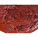 Chinese Red Resin Lacquer Round Flower Bird Relief Carving Accent Plate ws3350S