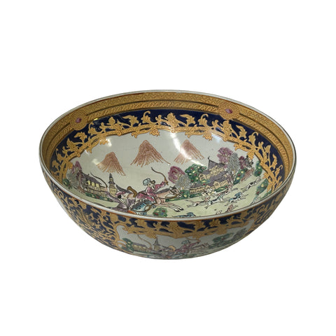 Chinese Oriental Vintage Round Domino Puppy Horse Riding Porcelain Bowl ws3519S