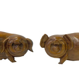 Chinese Pair Natural Wood Carved FengShui Happy Face Piggy Figures ws3794S