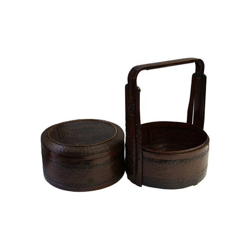 Vintage Oriental Handmade Brown Rattan Stack Basket with Handle ws3800S