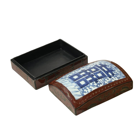 Chinese Old White Base Blue Double Happiness Porcelain Art Lacquer Box ws3883S
