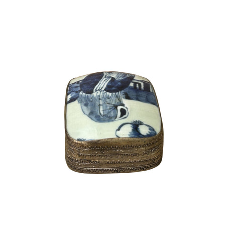 Chinese Old White Base Blue OldMan Graphic Porcelain Art Pewter Box ws3910S Chinese Old White Base Blue OldMan Graphic Porcelain Art Pewter Box ws3910S
